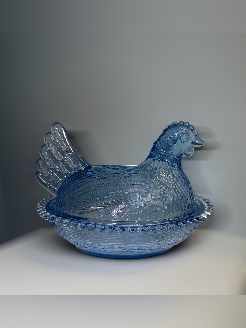Vintage Indiana Glass Cornflower Blue Hen On Nest Dish Beaded Rim 7 Inch MINT